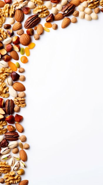 a plate of different types of nuts and a white background