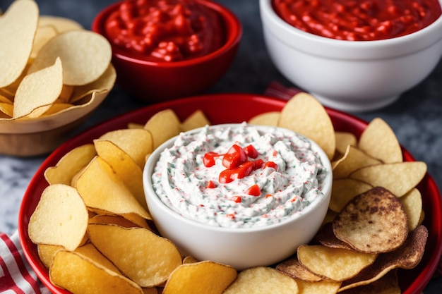 A plate of dip with chips and dips on it