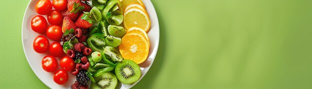 A plate divided into sections of various healthy foods on a green background