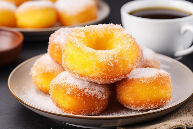 a plate of donuts with a bowl of syrup and a bowl of syrup.