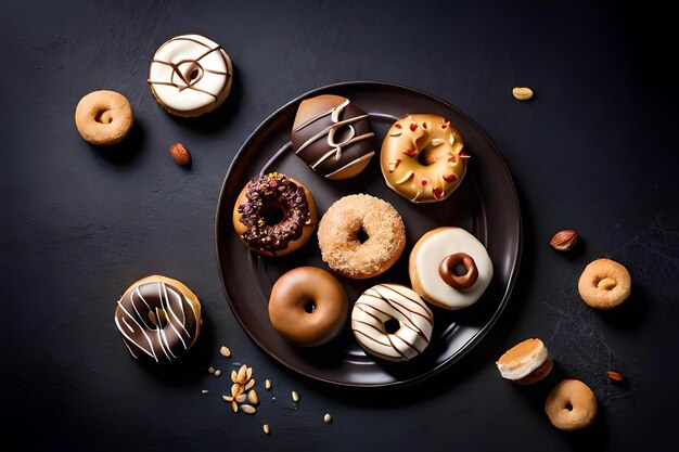 A plate of donuts with chocolate and nuts on it.