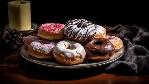 A plate of donuts with different toppings on it