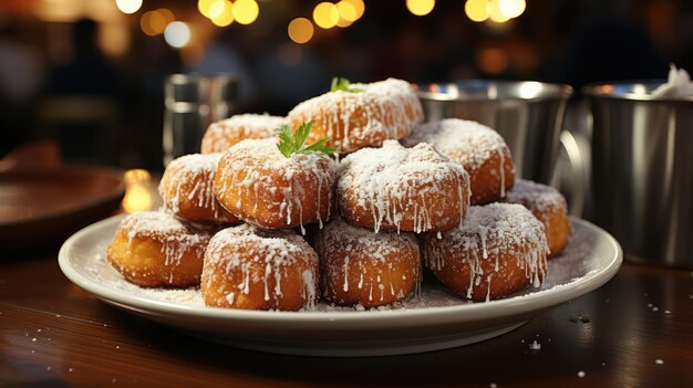 a plate of donuts with powdered sugar on it