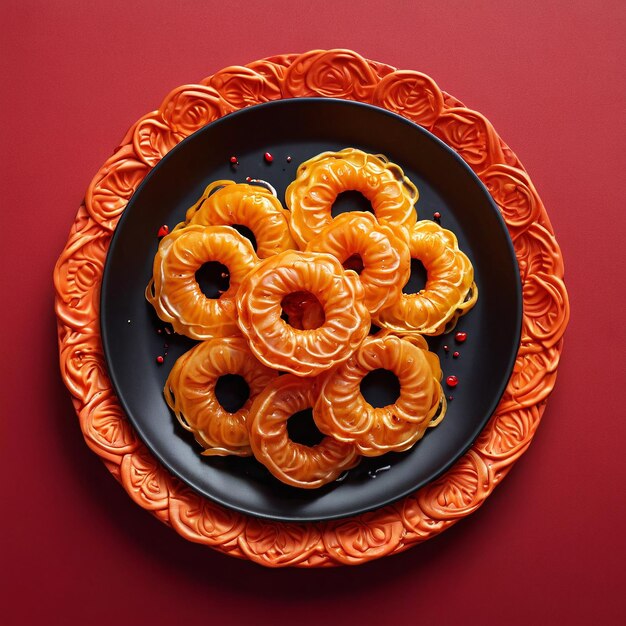 a plate of donuts with a red and orange border