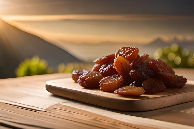 A plate of dried apricots sits on a table with a mountain in the background.