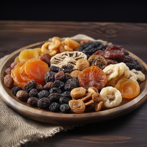 A plate of dried fruits is on a wooden table.