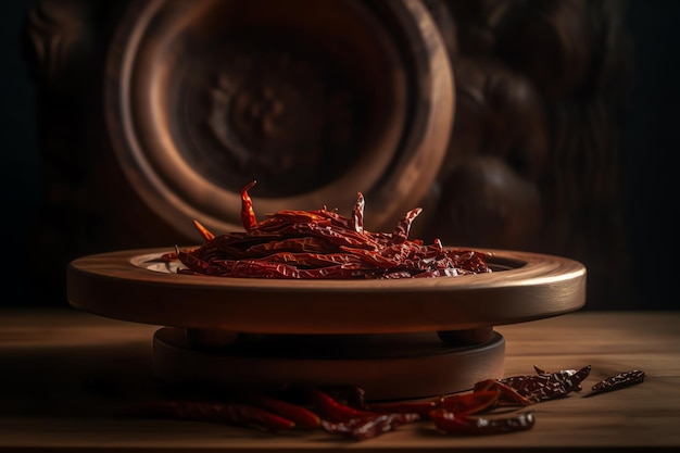 A plate of dried red chilli peppers sits on a table in front of a wall with a dark background