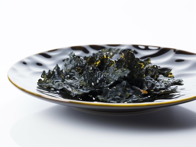 A plate of dried seaweed on a white background