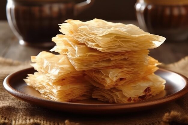 Photo a plate of dried tamales with a brown bowl on the table.