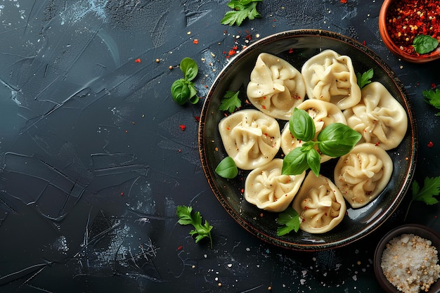 Photo a plate of dumplings with basil leaves and seasoning on a table next to a bowl of rice a stock