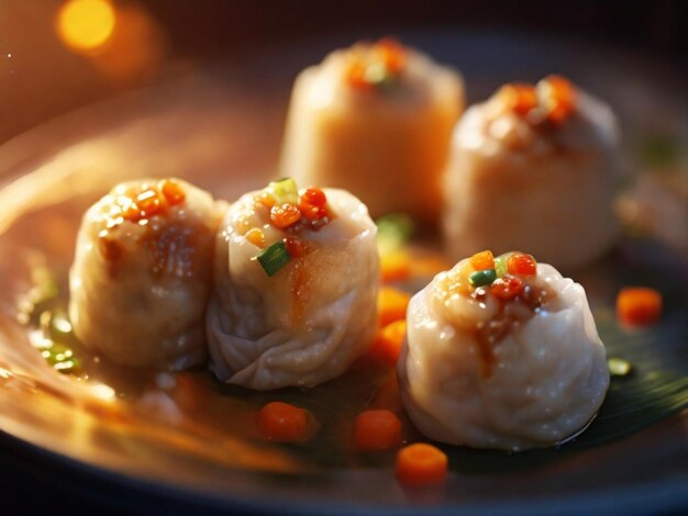 a plate of dumplings with a blurry background