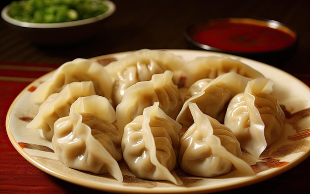 A plate of dumplings with a bowl of green peas in the background.