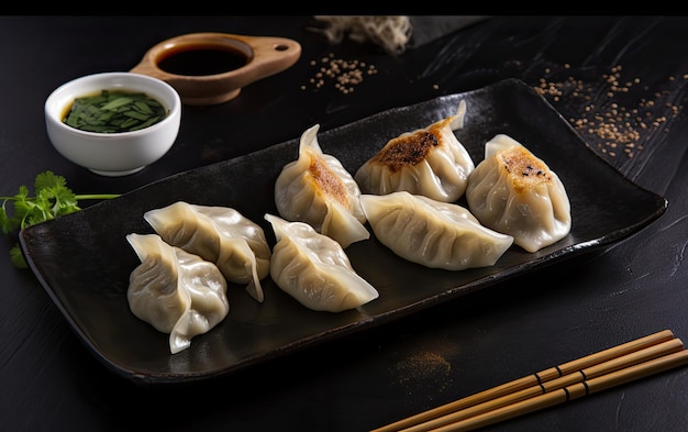 A plate of dumplings with a bowl of green tea on the side.