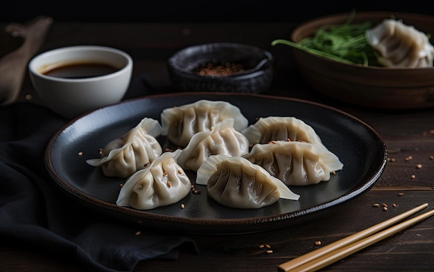 A plate of dumplings with a bowl of soy sauce next to it.