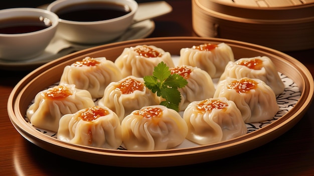 A plate of dumplings with a cup of coffee.