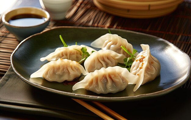 A plate of dumplings with a cup of soy sauce on the side.