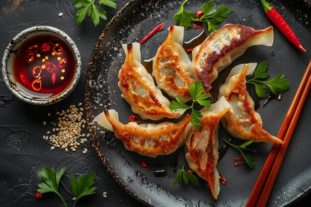 A plate of dumplings with a dipping sauce on the side and a bowl of sauce on the side a stock