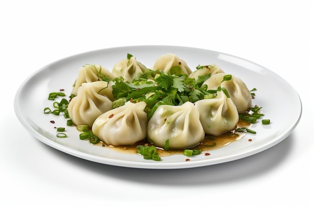 A plate of dumplings with green herbs on the side.