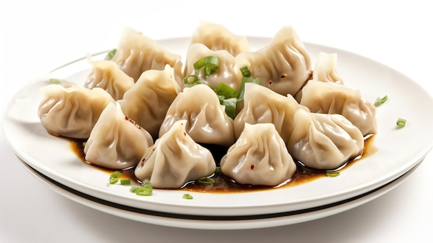 A plate of dumplings with green onions on the side.