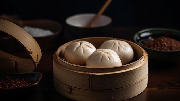 A plate of dumplings with a green plate of rice and a plate of food.