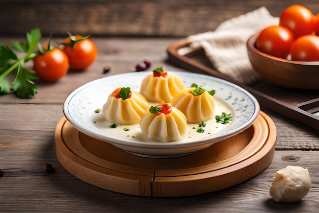 a plate of dumplings with a plate of food on a wooden table.