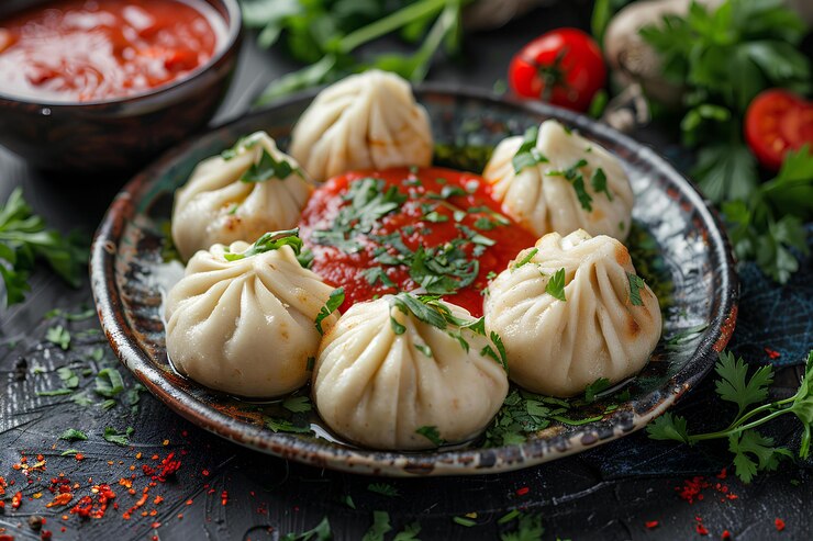 Photo a plate of dumplings with a red sauce and some other food on it