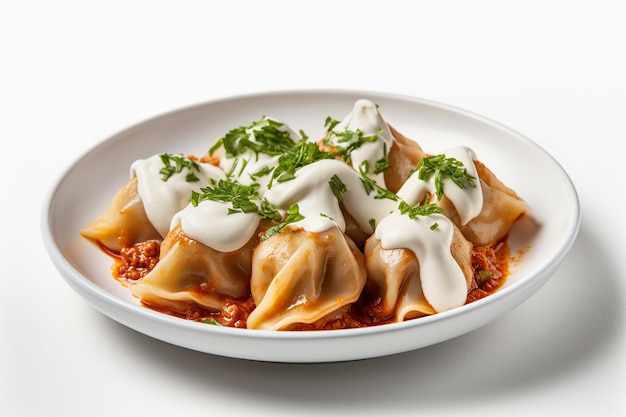 A plate of dumplings with sauce and parsley on top.