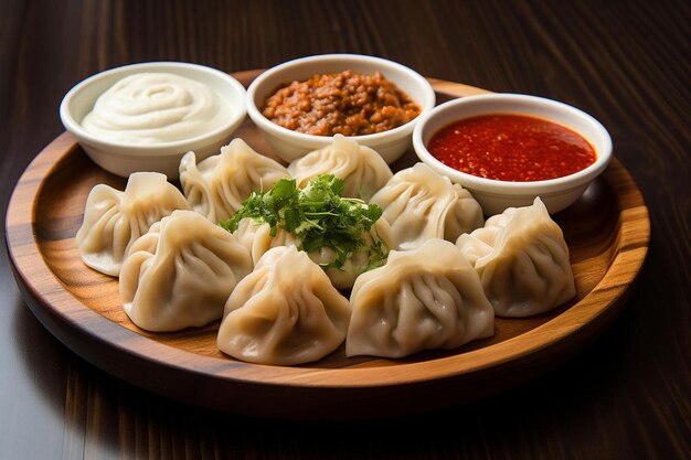 A plate of dumplings with a side of dipping sauce.