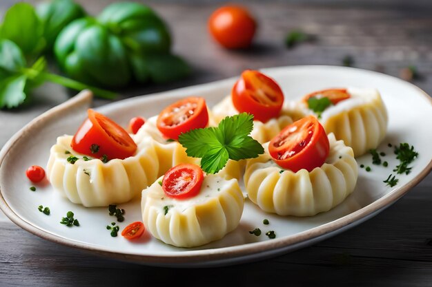 A plate of dumplings with tomatoes and cucumber