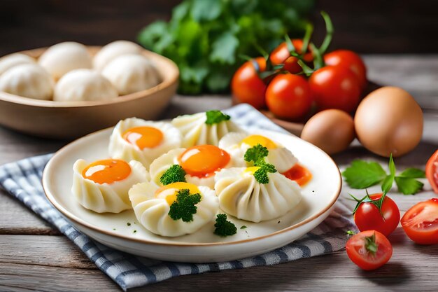 A plate of dumplings with tomatoes and mushrooms on a wooden table