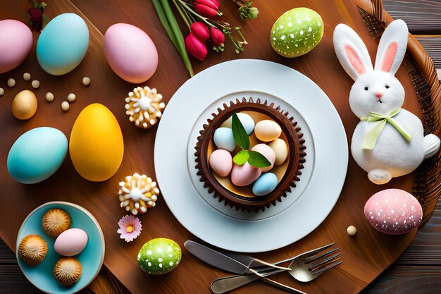 A plate of easter eggs with a bowl of easter eggs on it.