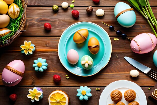 a plate of easter eggs with a plate of fruit on the table.