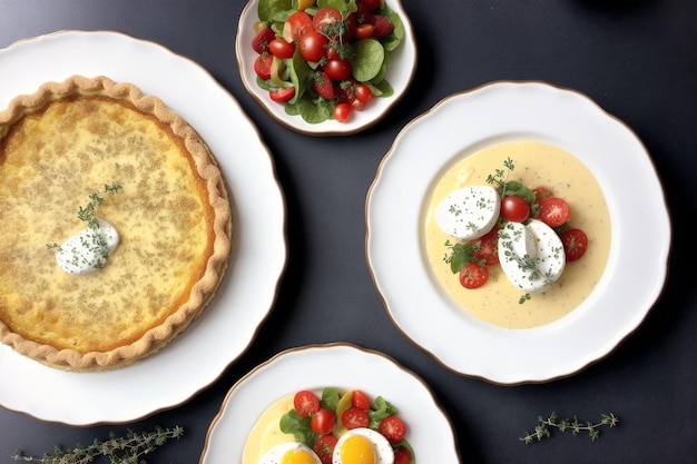 A plate of eggs and a salad on a black table