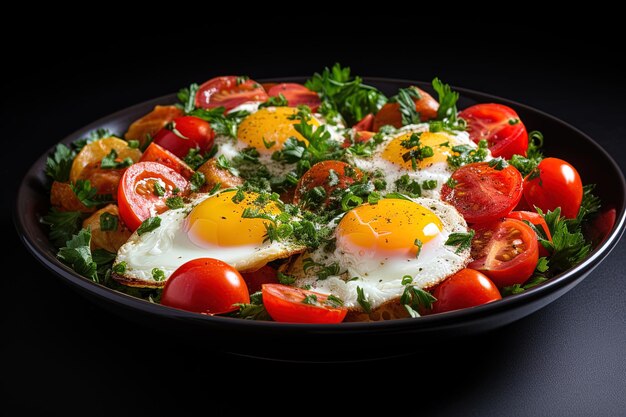 a plate of eggs tomatoes and parsley