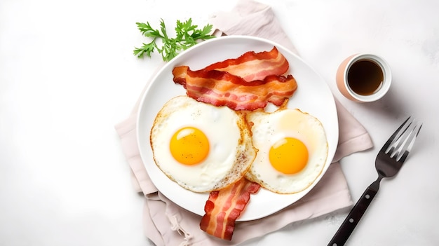 A plate of eggs with bacon on it