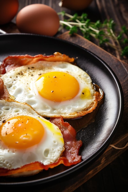 A plate of eggs with bacon on it