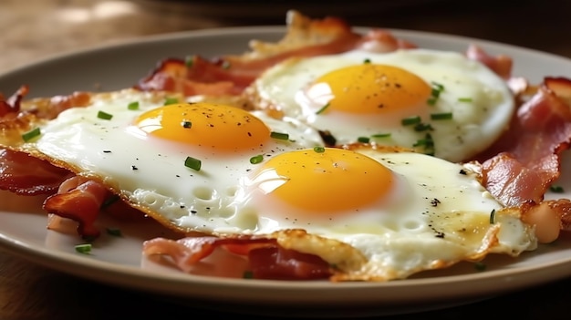 A plate of eggs with bacon on it