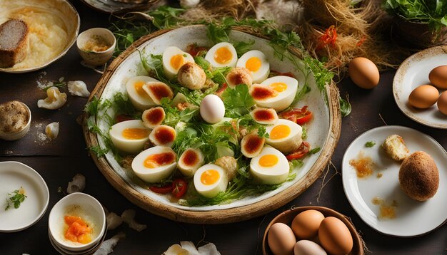 a plate of eggs with a bowl of eggs on it