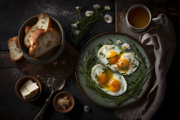 A plate of eggs with a cup of tea and a plate of honey on it