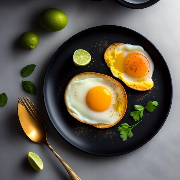 Photo a plate of eggs with a lemon on it