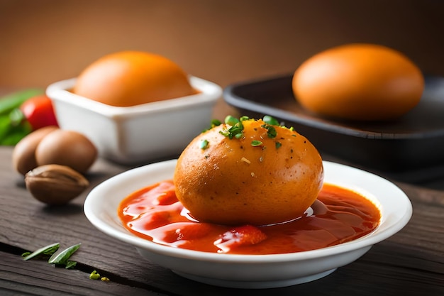 A plate of eggs with a sauce on it and a bowl of food in the background.