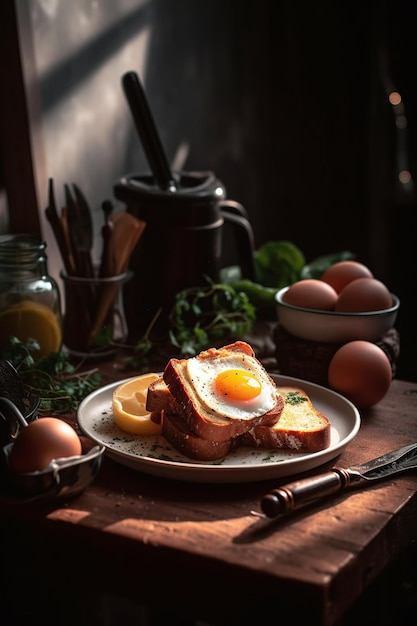 Тарелка с яйцами, на которой лежит яйцо солнечной стороной вверх.
