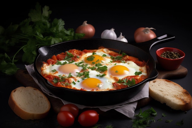 A plate of eggs with tomatoes and bread on a black background