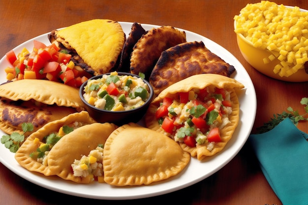 Photo a plate of empanadas with a bowl of macaroni and cheese.