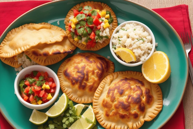 A plate of empanadas with a side of rice and a bowl of salsa.