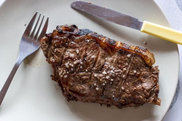 Plate of a entrecote steak with salt barbecued