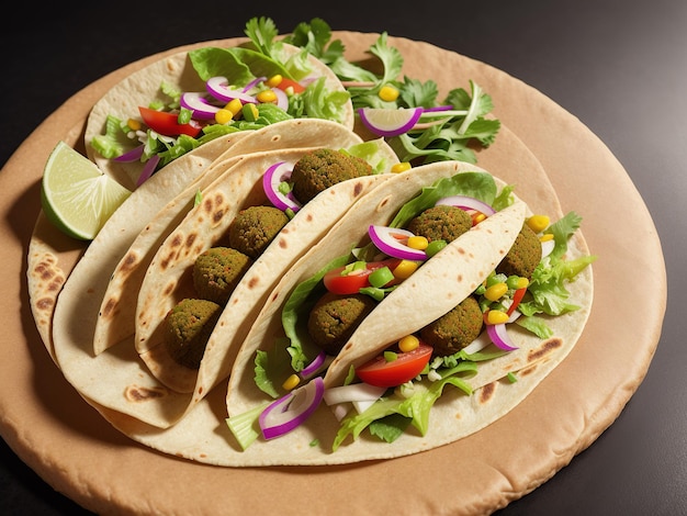 A plate of falafel with lettuce and tomato on top