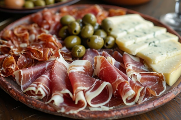 Foto un piatto con un assortimento di carni, formaggi e olive esposto su un tavolo un piatto di jamon iberico con formaggio e olive ai generato