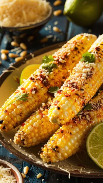 A plate featuring golden grilled corn on the cob topped with slices of lime and sprinkled