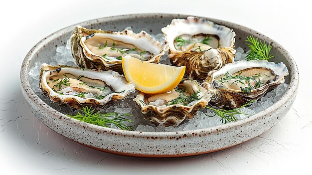 Photo plate filled with oysters on a white background generative ai